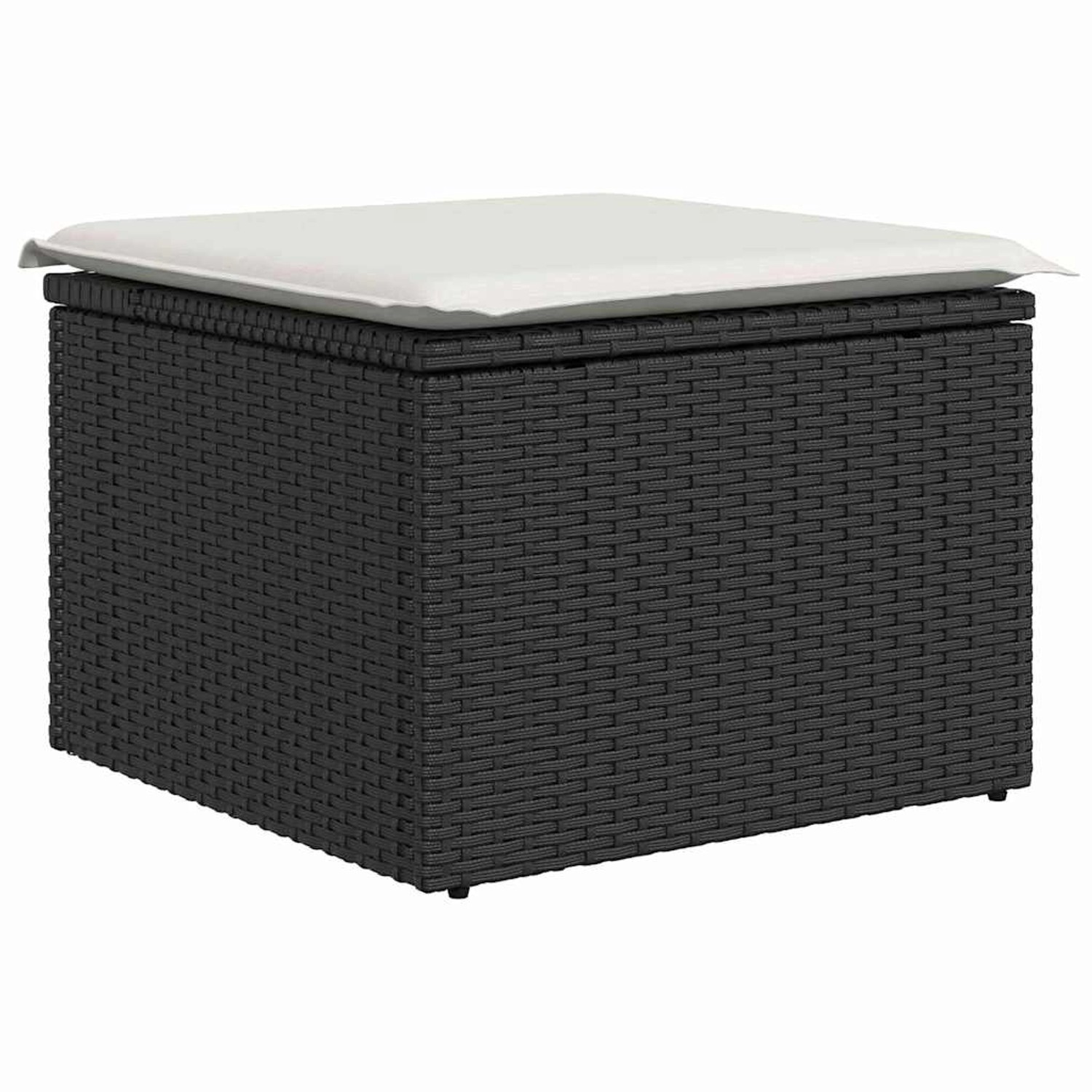 Schwarzer vidaXL Gartenmöbel Hocker aus Rattan mit weißem Kissen.