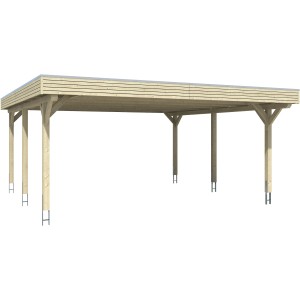 Skan Holz Carport Spessart, Doppelcarport aus Holz mit flachem Dach in Schiefergrau.