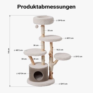 Wiltec Fudajo Forest Tree Kratzbaum: Maße des 146 cm hohen Katzenbaums mit Haus und Plattformen.
