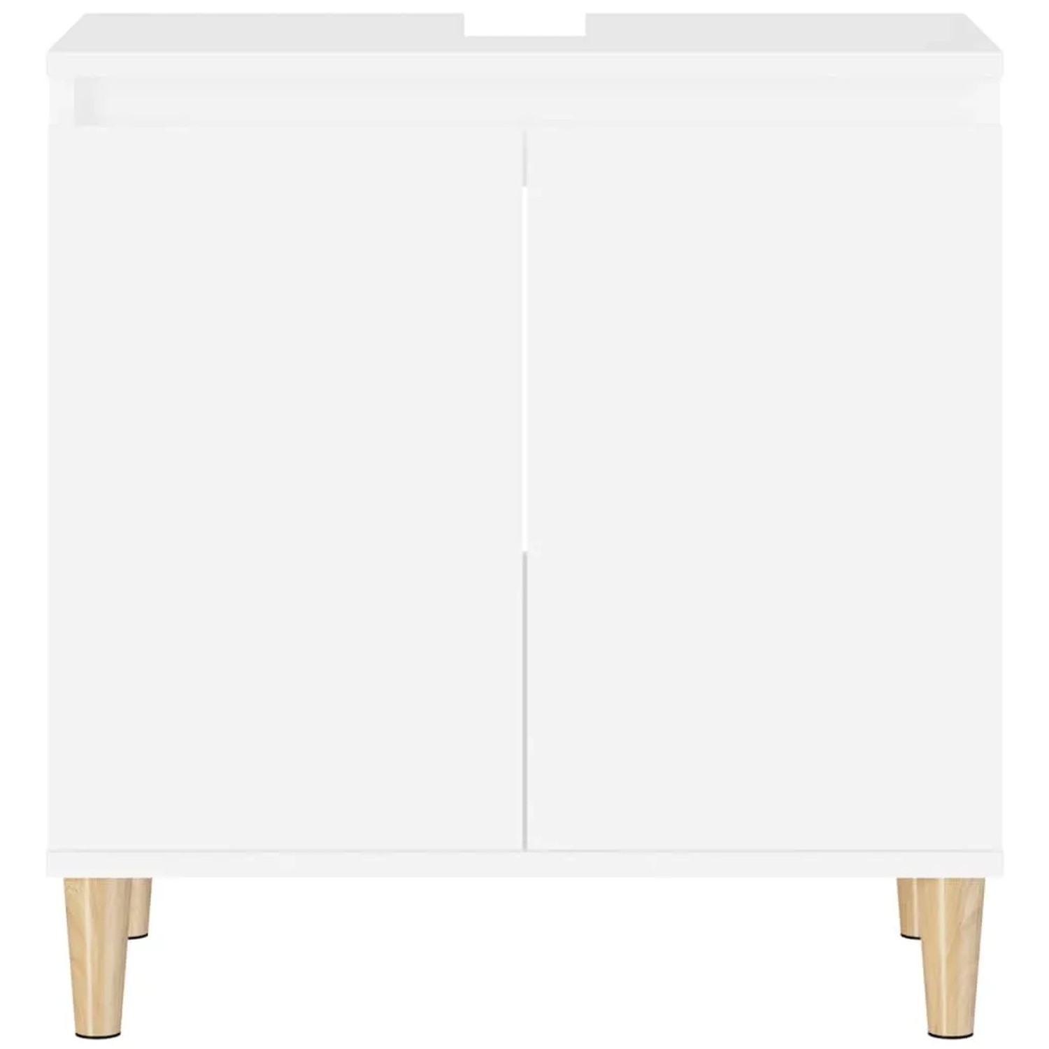 Weißer vidaXL Waschbeckenunterschrank (58x33x60 cm) aus Holzwerkstoff mit 2 Türen und Holzbeinen für das Bad.