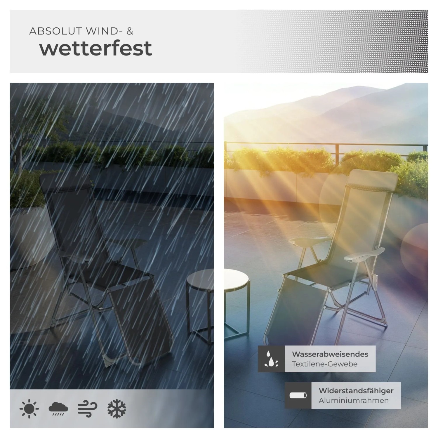 Tectake Jana Aluminium Gartenstuhl, anthrazit, klappbar, wetterfest. Links im Regen, rechts in der Sonne.