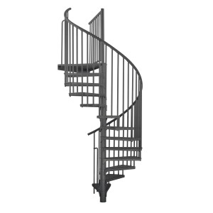 Anthrazitfarbene Minka Außentreppe Rondo Zink, Spindeltreppe mit Ø 120 cm für den Außenbereich.