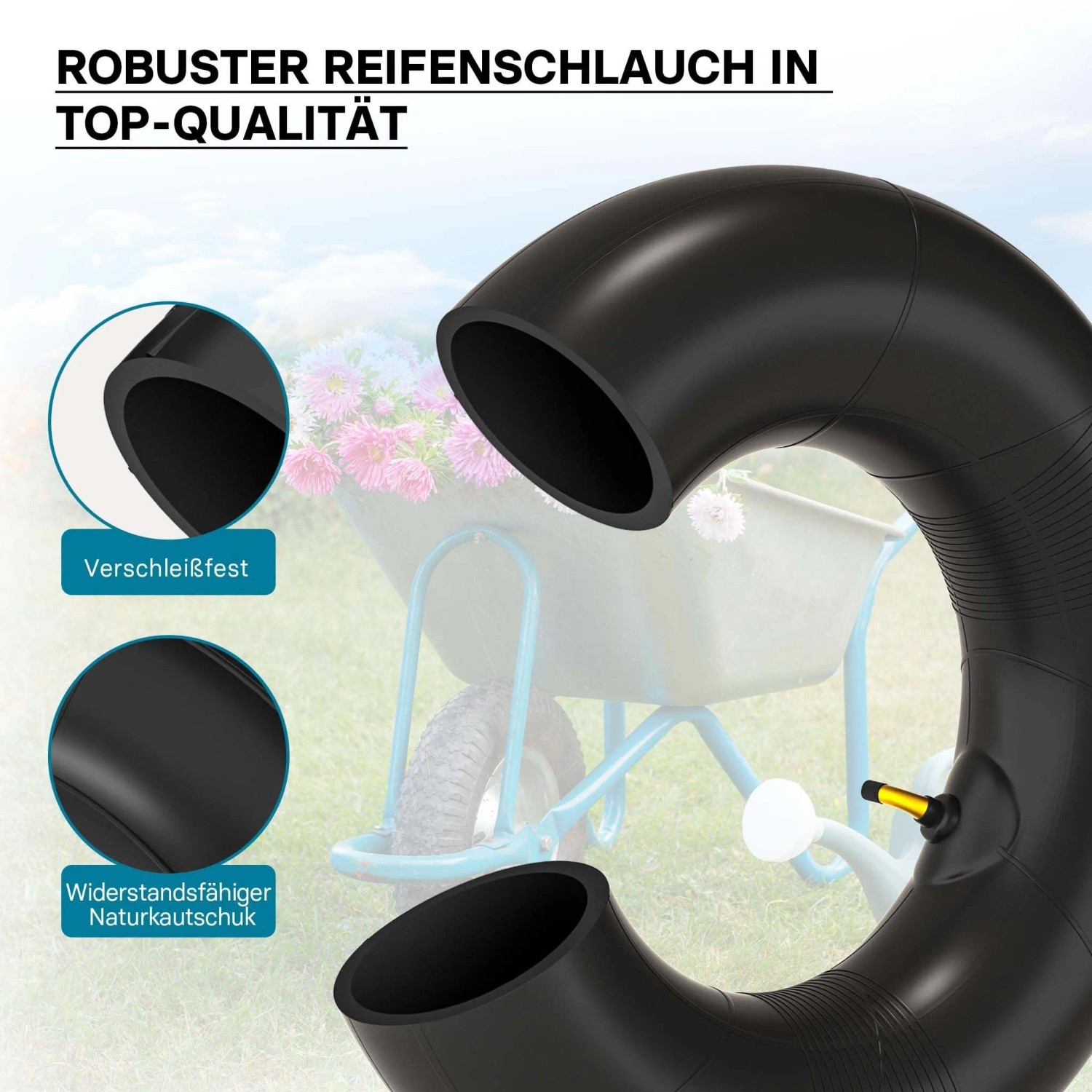 Robuster schwarzer Luftschlauch für Rasenmäherreifen, Größe 16x6.50-8, mit abgewinkeltem TR87 Ventil. Für Rasentraktoren.