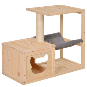 PawHut Katzenhaus mit Hängematte, Kratzbaum, Katzenkiste und Liegefläche aus Holz.