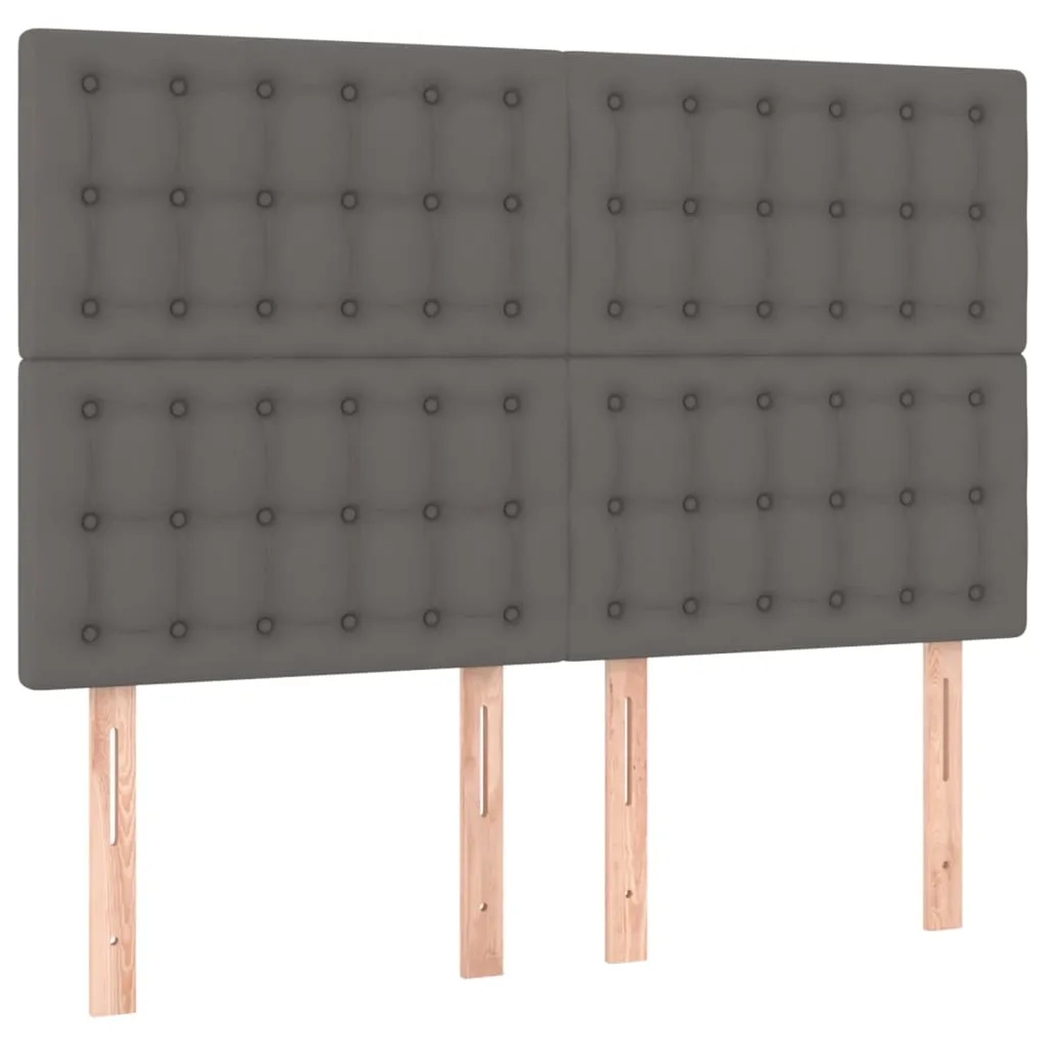 Graues vidaXL Boxspringbett Kopfteil mit Knöpfen und Holzfüßen.