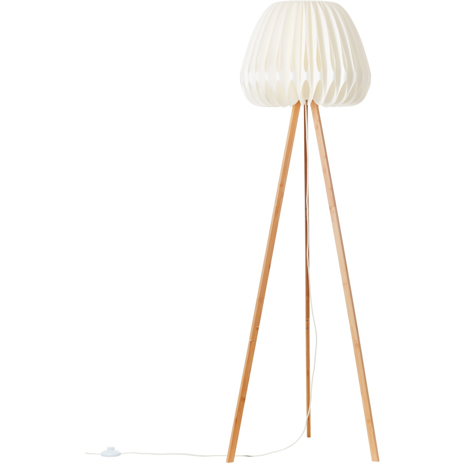 Brilliant Dreibein-Stehlampe Inna, helles Holz und weißer Schirm.