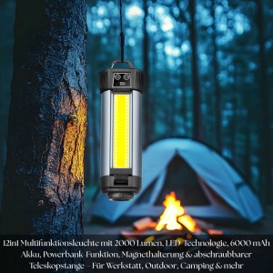 Steinborg LED-Multifunktionsleuchte mit Teleskopstange im Outdoor-Einsatz beim Camping.