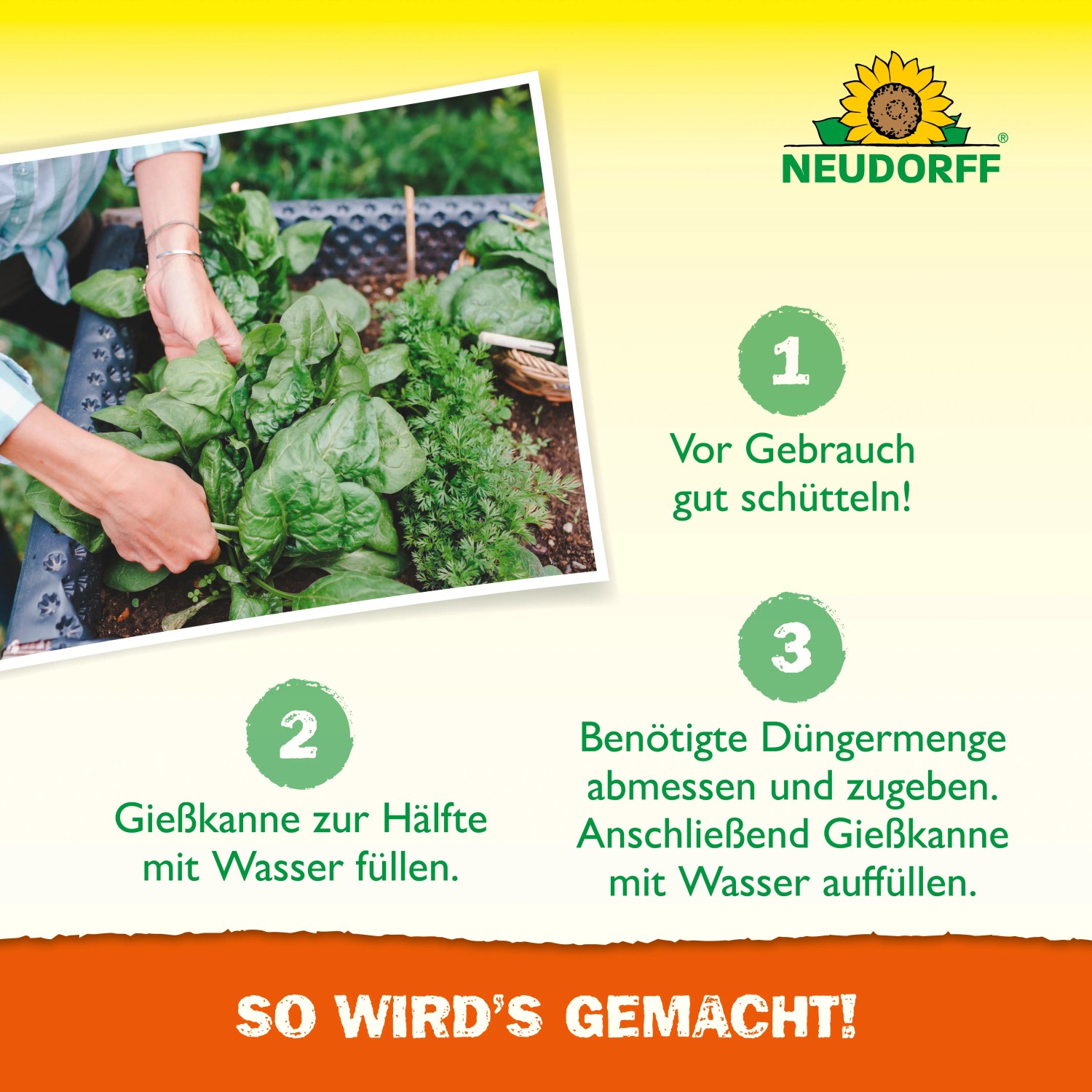 Anwendungstipps für Neudorff Azet Hochbeetdünger: Schütteln, Gießkanne füllen, Dünger dosieren.