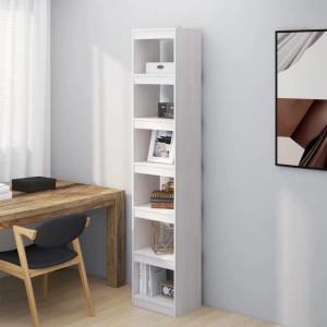 Weißes, hohes Bücherregal aus massivem Kiefernholz mit 6 Fächern. Ideal als Raumteiler oder Stauraum.