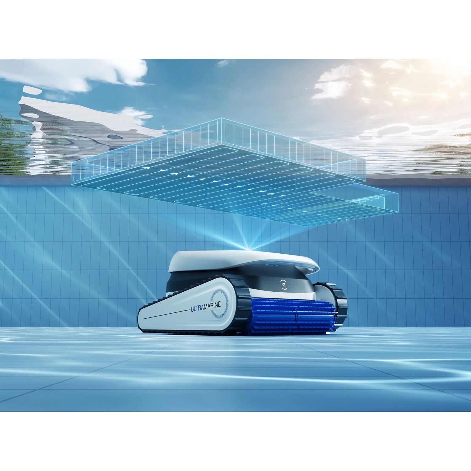 Ecovacs Poolroboter Ultramarine P1, weiß-blau, im Pool. Reinigungsgerät für Schwimmbecken.