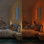 Philips Smart-LED-Leuchtmittel E27 Tropfenform Set: Frau im Schlafzimmer mit hellem Tageslicht und gemütlichem Abendlicht.