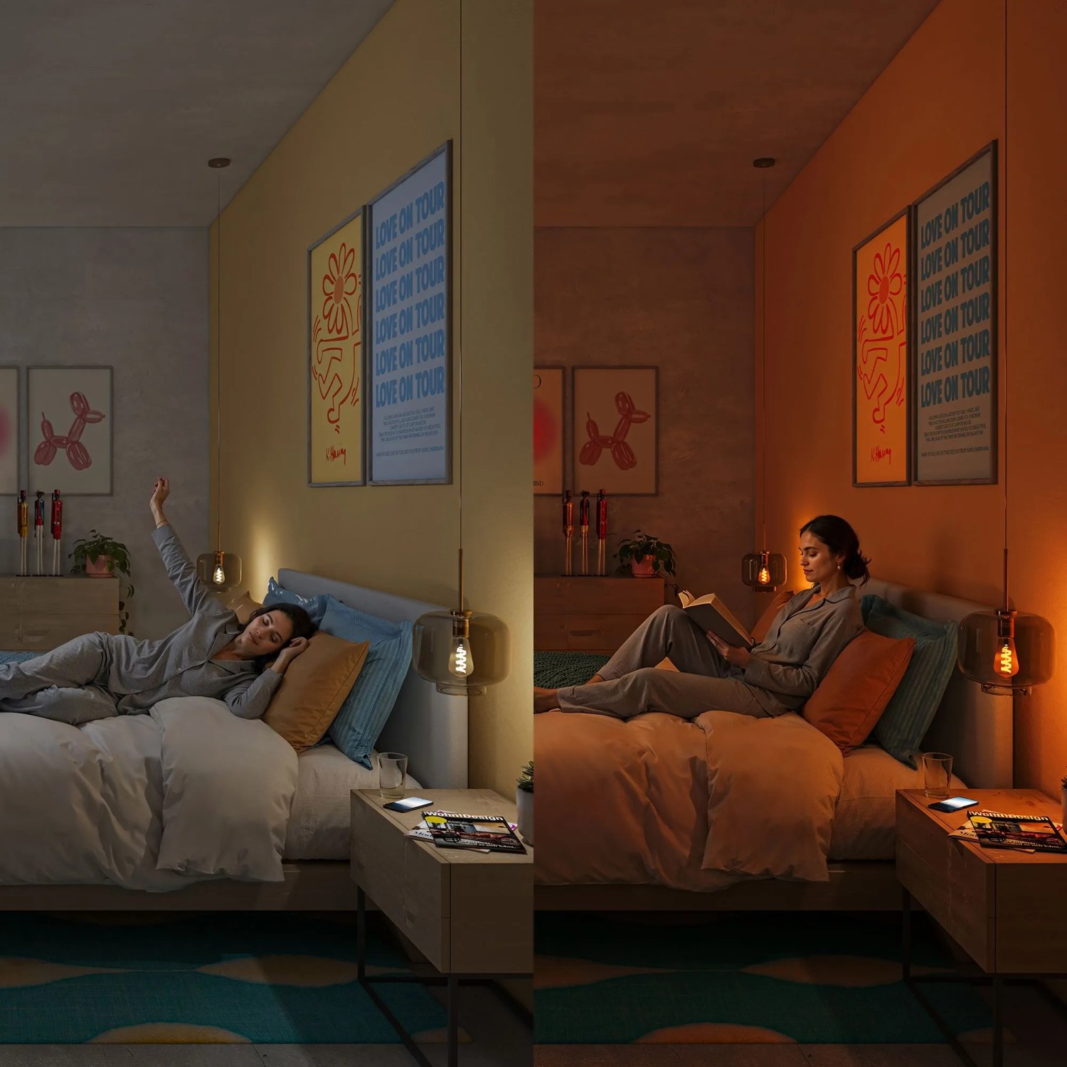 Philips Smart-LED-Leuchtmittel E27 Tropfenform Set: Frau im Schlafzimmer mit hellem Tageslicht und gemütlichem Abendlicht.
