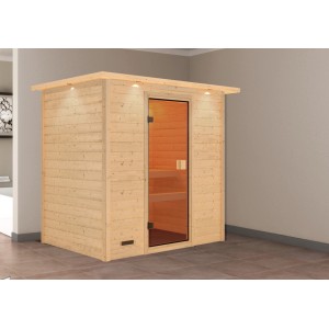 Karibu Massivholzsauna Selena mit LED-Dachkranz und bronzierter Glastür.