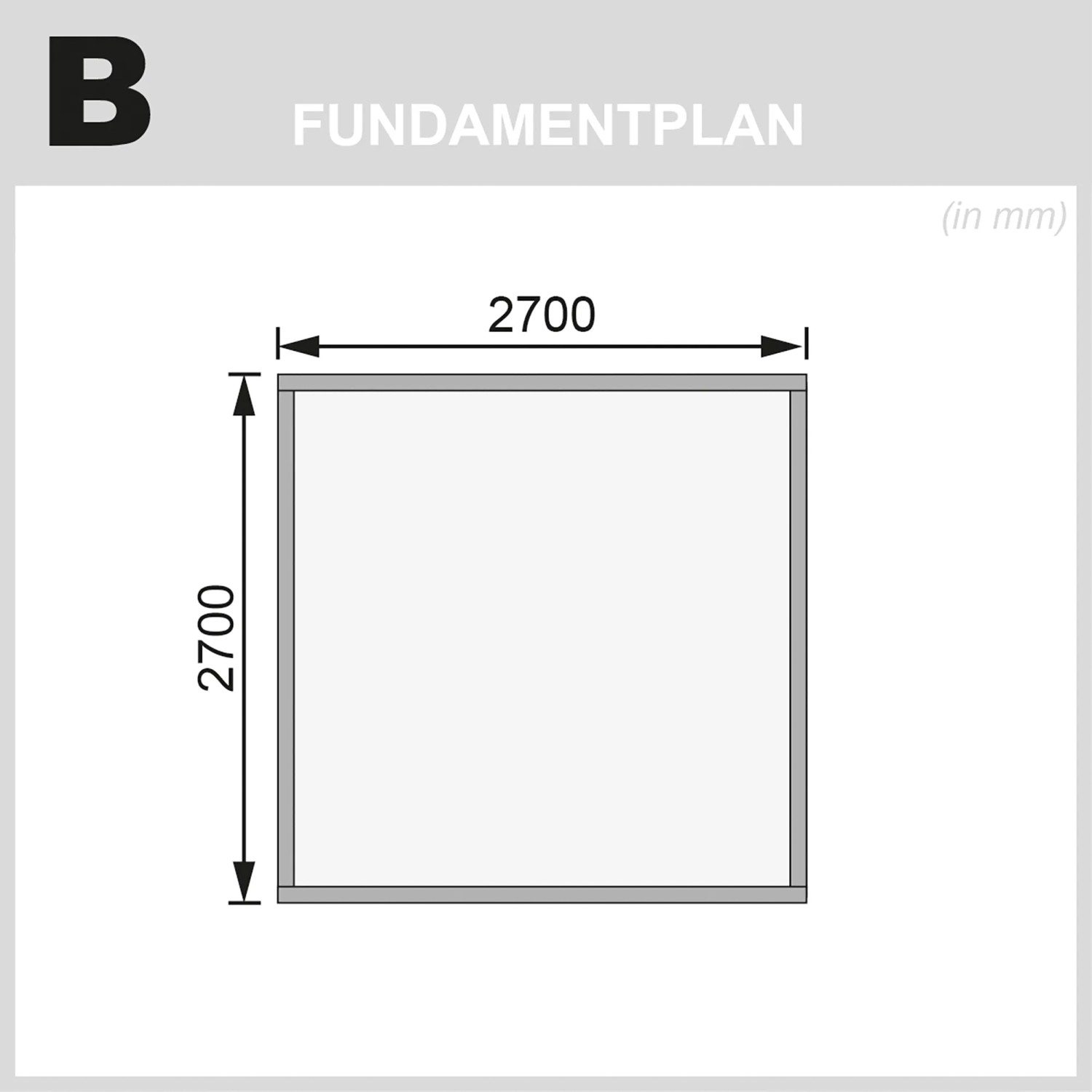 Fundamentplan Karibu Holz-Gartenhaus Tyka, 270x270 cm, Maße in mm.