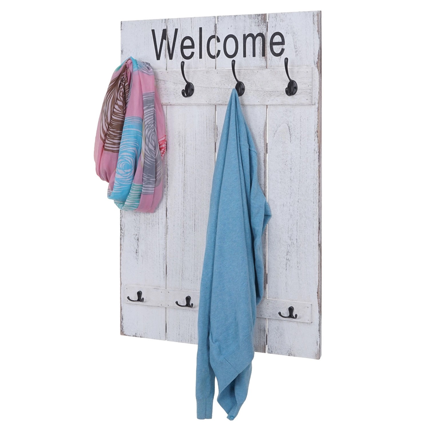 Weiße MCW Wandgarderobe im Shabby Chic Stil mit 8 Haken und "Welcome" Schriftzug.
