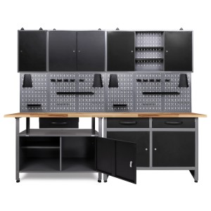 Ondis24 Werkbank Set Schöpfer 240 cm mit Werkstattschränken und Lochwand für Werkzeug.