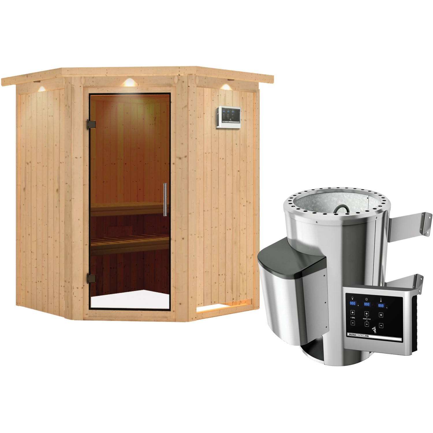 Karibu Sauna mit Ofen und LED-Dachkranz aus Naturholz, Außensauna mit graphitfarbener Tür.