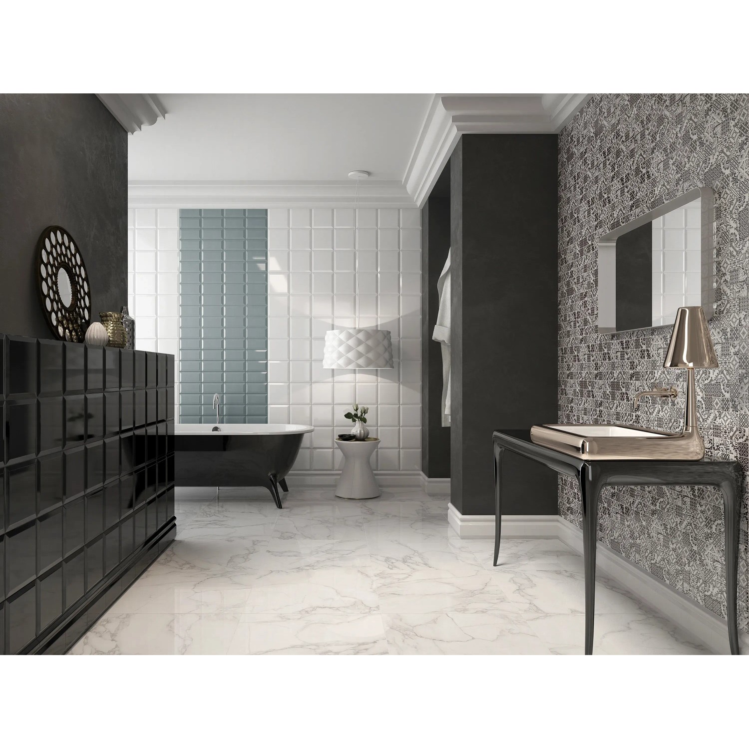 Badezimmer mit grauen, glänzenden Metro Wandfliesen im Facette Design, 10x20 cm.