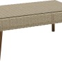 Tisch aus dem Sofa-Lounge-Set Borup: Beige Wicker, Glasplatte, Holzbeine. Teil der Lounge-Gartenmöbel.