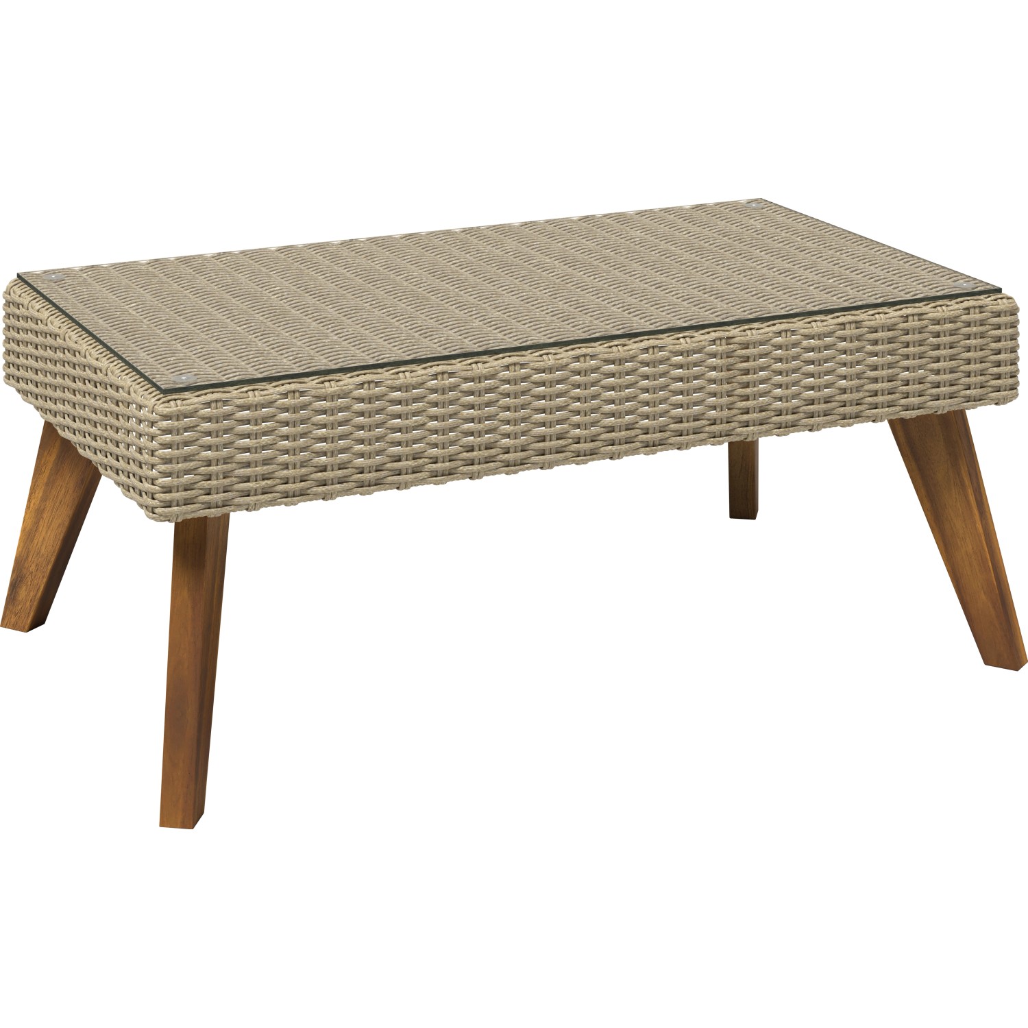 Tisch aus dem Sofa-Lounge-Set Borup: Beige Wicker, Glasplatte, Holzbeine. Teil der Lounge-Gartenmöbel.