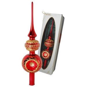 Rote Krebs Glas Lauscha Weihnachtsbaumspitze mit Reflexen und Golddekor, 35cm, mit Geschenkverpackung.