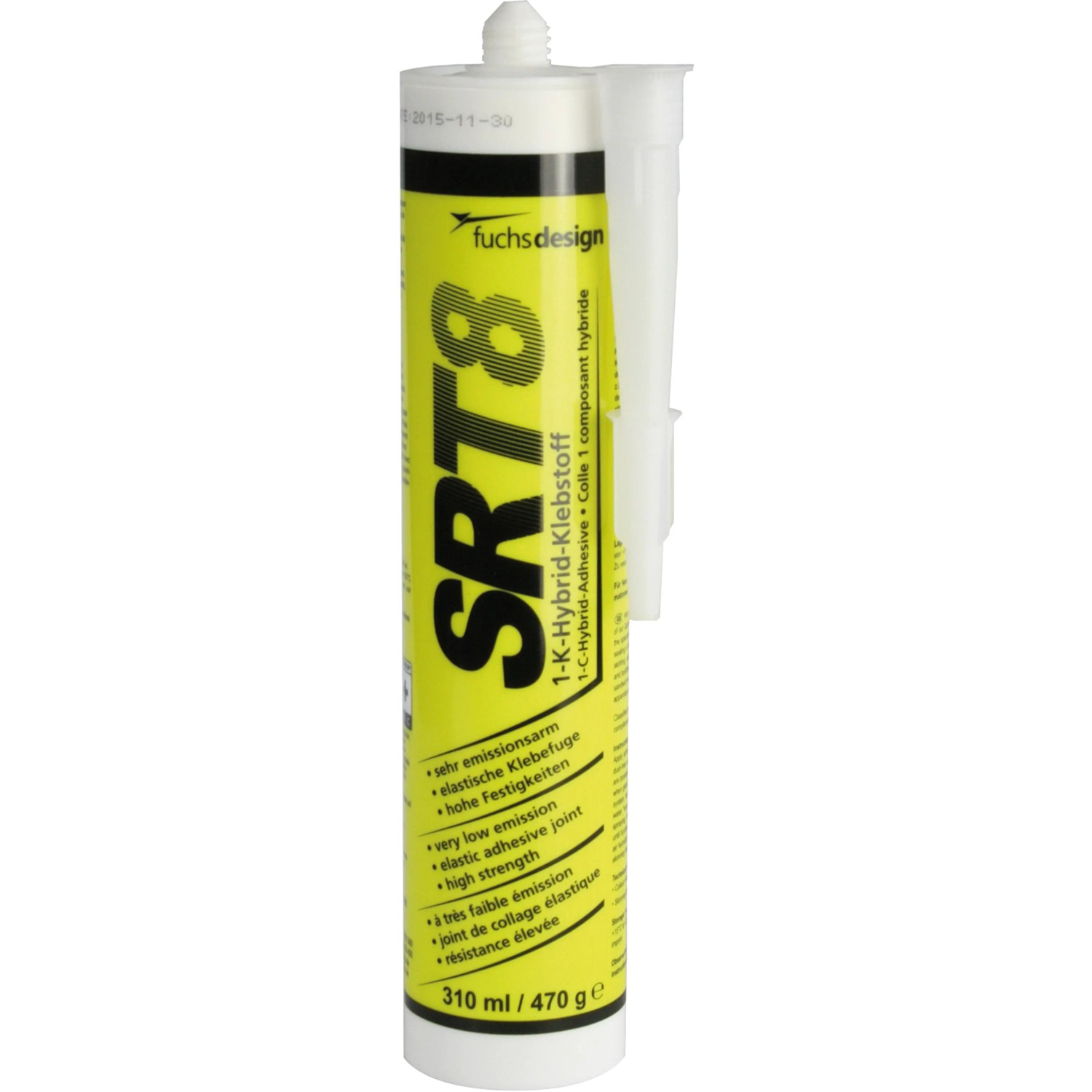 Kartusche mit Hybrid-Klebstoff SRT8, gelbe Verpackung mit Produktinformationen.