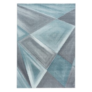 Blauer Ayyildiz Kurzflorteppich mit modernem geometrischem Muster in Blau- und Grautönen, strapazierfähig.