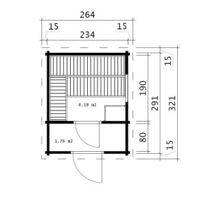Grundriss der Finntherm Gartensauna Cubus-70 B, 264x321 cm, mit Maßangaben.