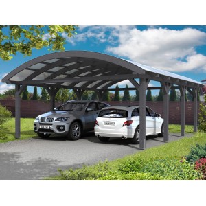 Skan Holz Doppelcarport Franken in Schiefergrau mit zwei geparkten Autos unter dem Bogendach.