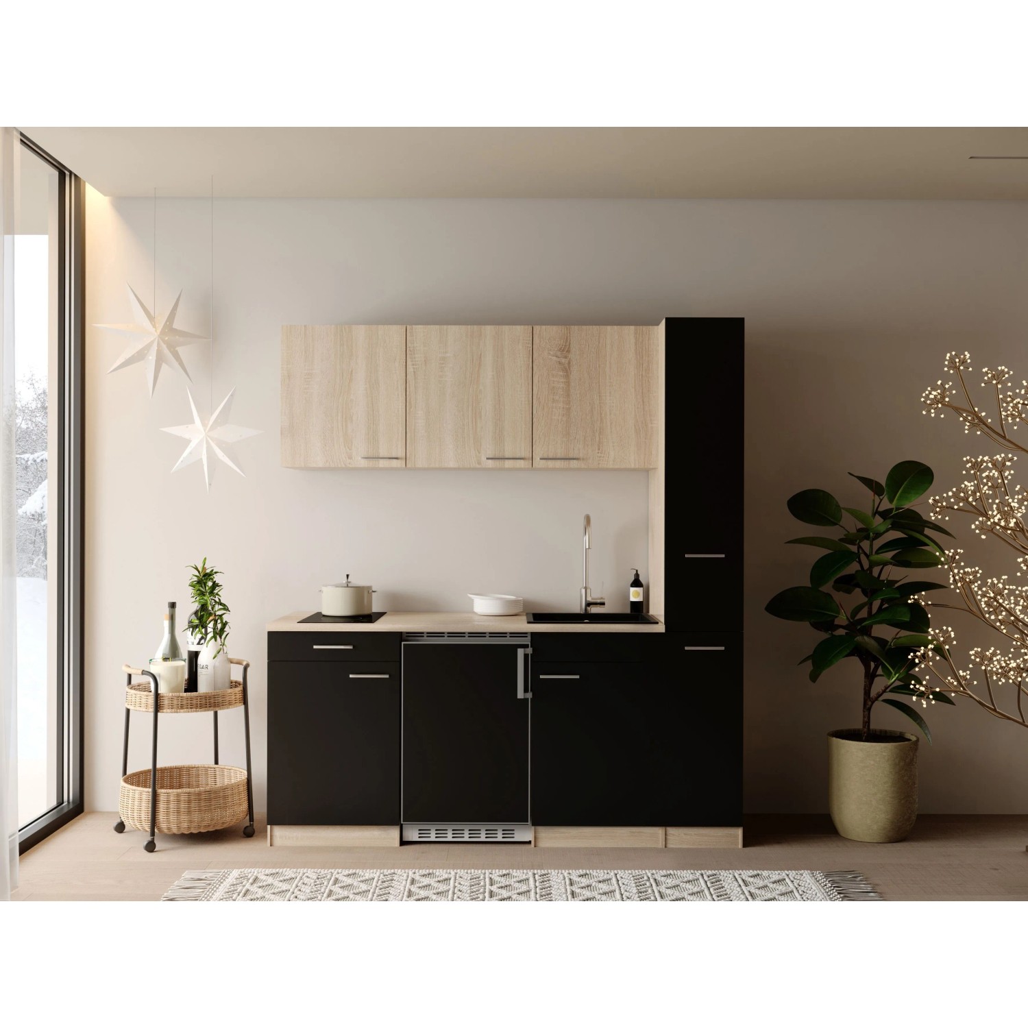 Respekta Ingrid Singleküche 180 cm Schwarz mit Apothekenschrank