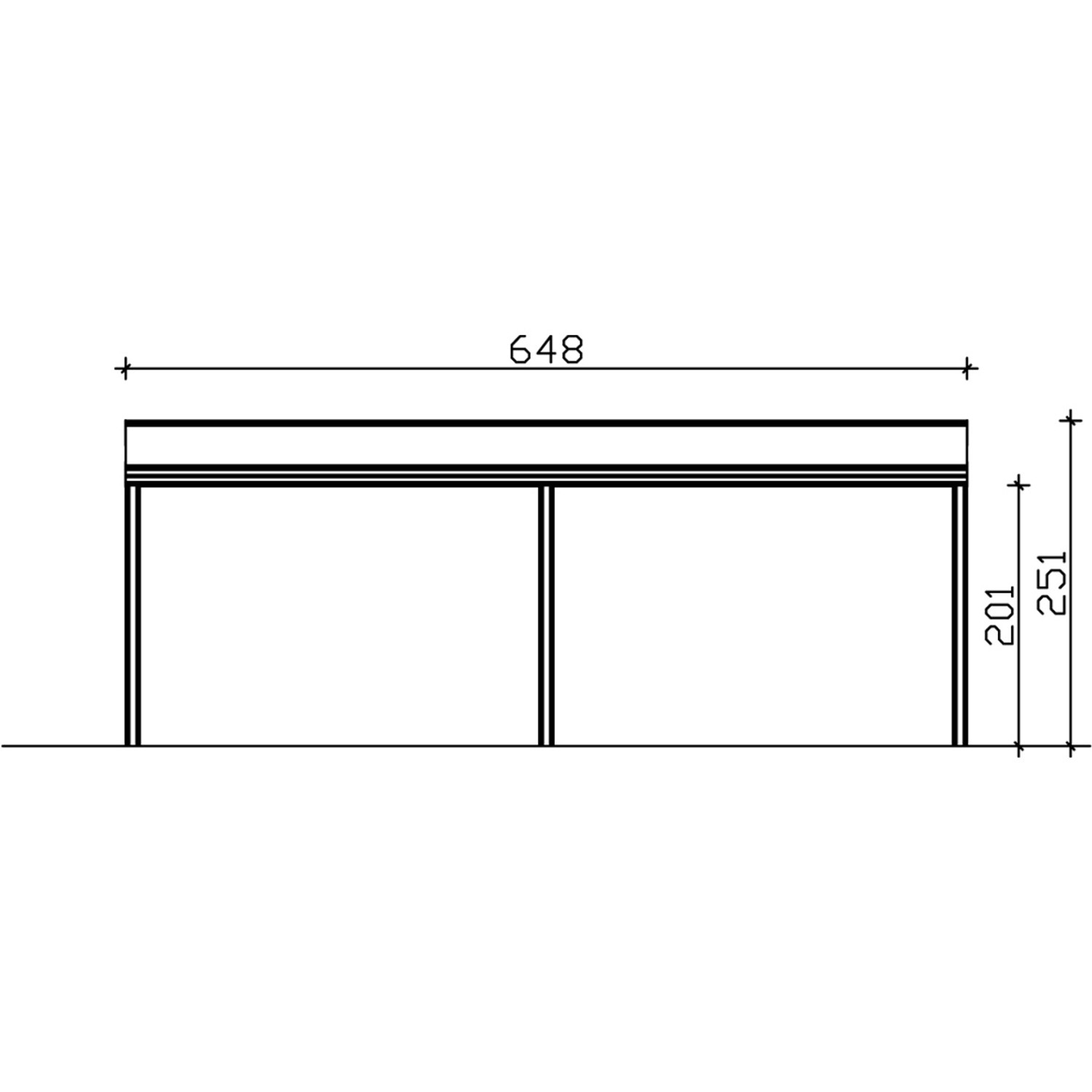 Technische Zeichnung einer weißen Terrassenüberdachung Garda (648x257 cm) aus Aluminium mit Maßangaben.