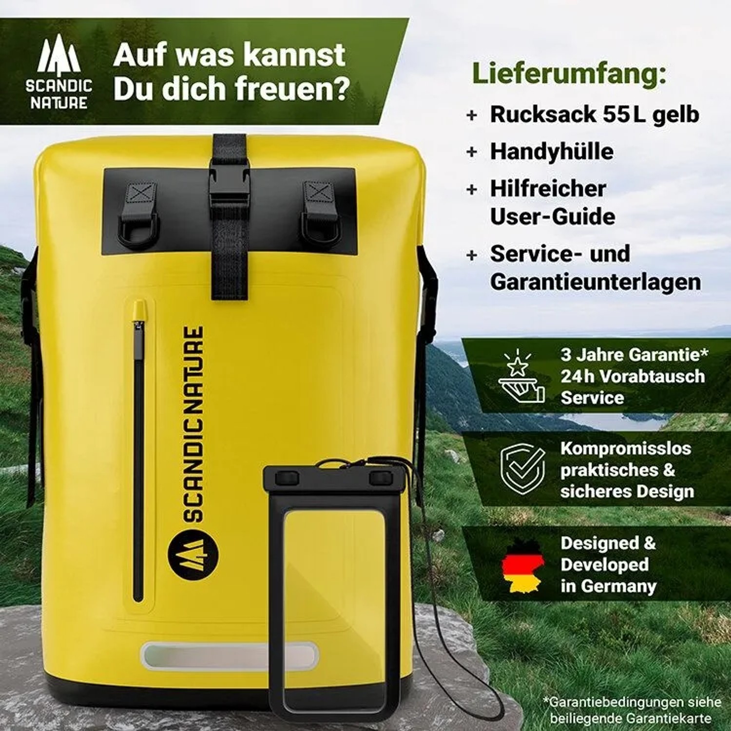 Gelber SCANDIC NATURE 55L Roll Top Rucksack mit wasserdichter Handyhülle. Robuster Outdoor Wanderrucksack für Trekking & Reisen.