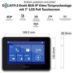 Goliath Video Türsprechanlage mit schwarzem Monitor und Aufputz-Außenstation in Anthrazit. Abmessungen sind sichtbar.