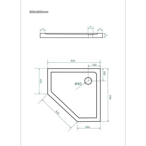 Technische Zeichnung der fünfeckigen Duschtasse 90x90 cm mit Ablauf, Draufsicht und Seitenansicht mit Maßen.
