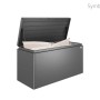 Biohort LoungeBox 200 dunkelgrau-metallic, offen mit Sitzkissen. Regenwasserdichte Universalbox aus Aluminium für Garten.