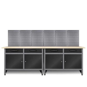Ondis24 Werkstatt Set Werner, 240cm breit, mit Werkbänken und Lochwänden.