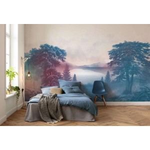 Fototapete Forestland in Blau und Rosa im Schlafzimmer, 400x250 cm.