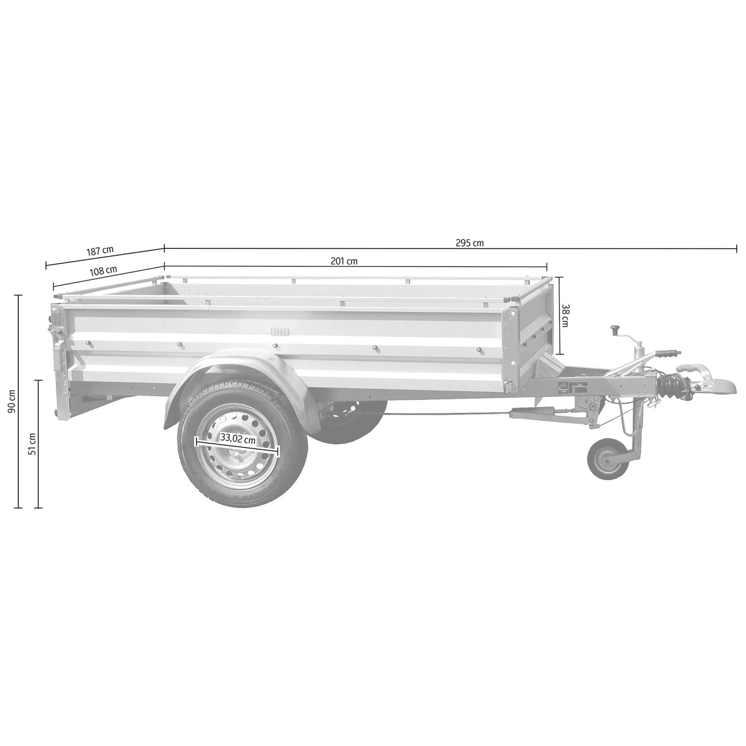 Stema Anhänger Variolux 850 mit Hochplanenset, Abstellstützen und Stützrad, Seitenansicht mit Maßangaben.
