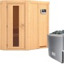 Karibu Sauna-Set Swenna mit Ofen und Steuerung. Elementsauna aus Fichte mit Glastür und Saunaofen.