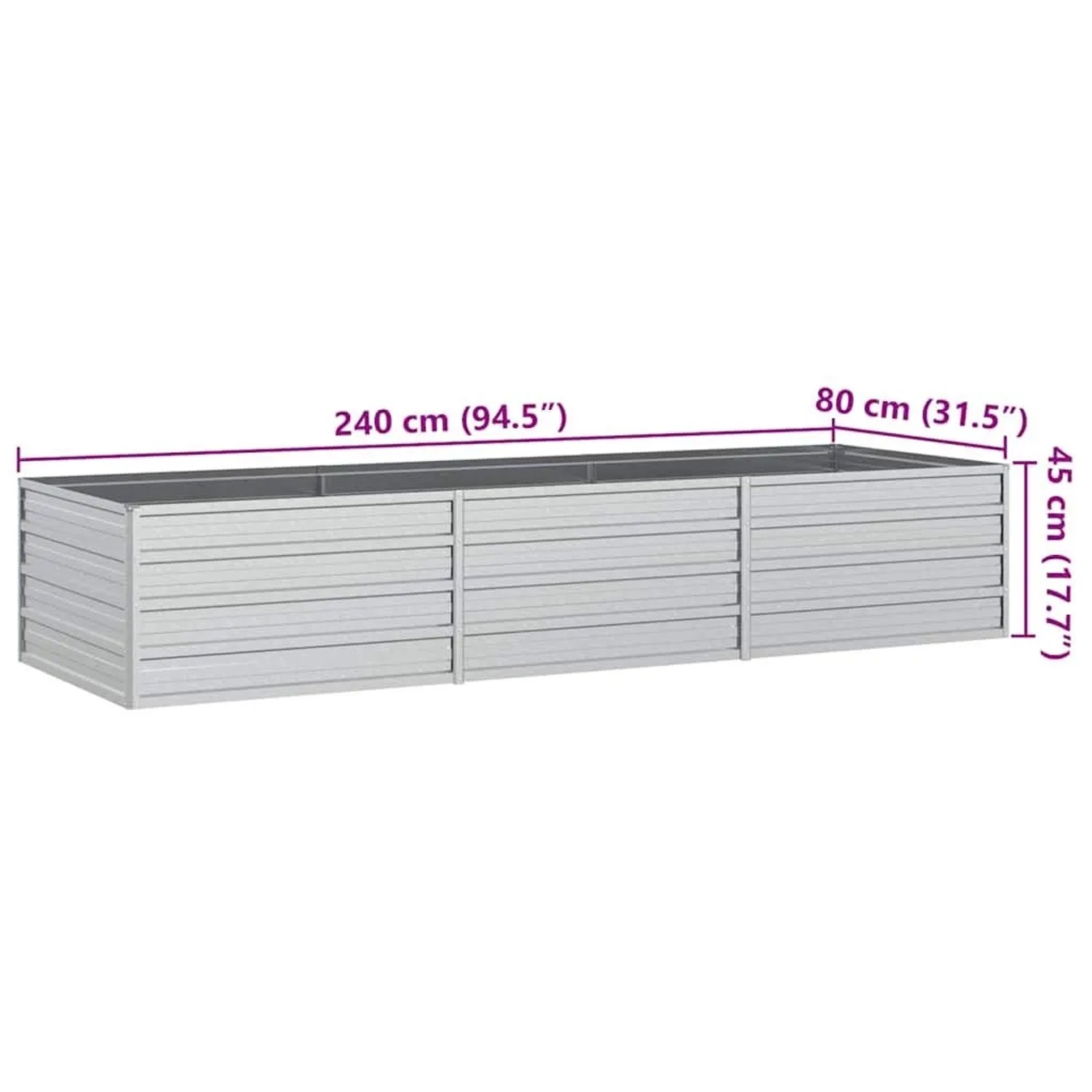 Silbernes Metall-Hochbeet, 240x80x45 cm, für Garten, Balkon oder Terrasse.