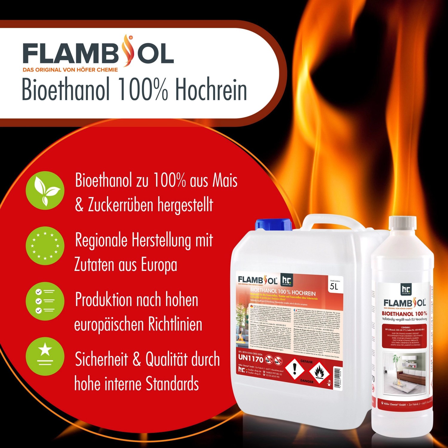 Flaschen mit Flambiol Bioethanol 100% für Edelstahl-Tischkamine, 1 Liter.