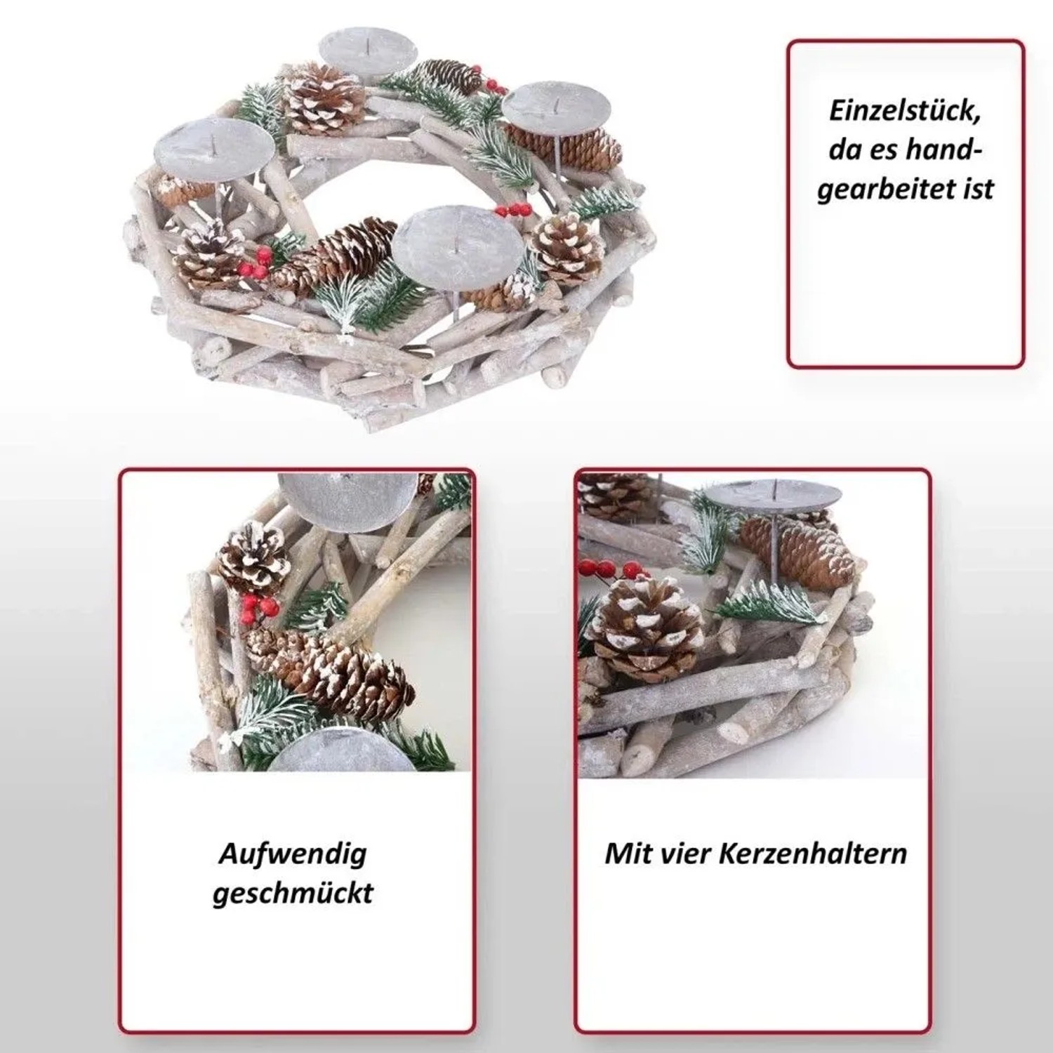 Handgefertigter runder Adventskranz aus Holz, Ø 35cm, mit Zapfen, roten Beeren und vier Kerzenhaltern.