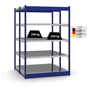 Blaues PROREGAL Fachbodenregal Stecksystem, doppelseitig mit 5 Ebenen, Fachlast 200 kg.