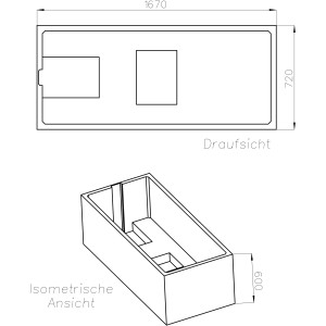 Technische Zeichnung Ottofond Wannenträger Atlanta 170x75 cm, Draufsicht und isometrische Ansicht mit Maßen.
