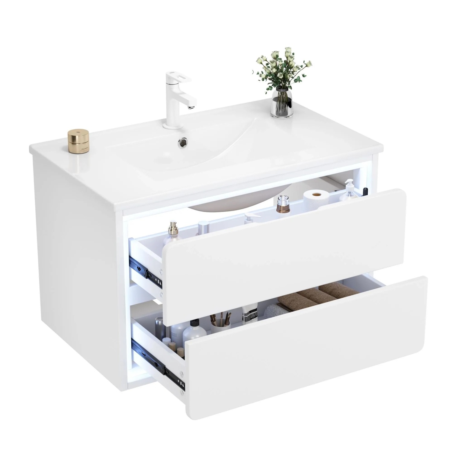 PXloue Badmöbel Set 76 cm Badezimmerschränke Wandhängend mit Waschbecken LED Sensor 2 Schubladen Weiß