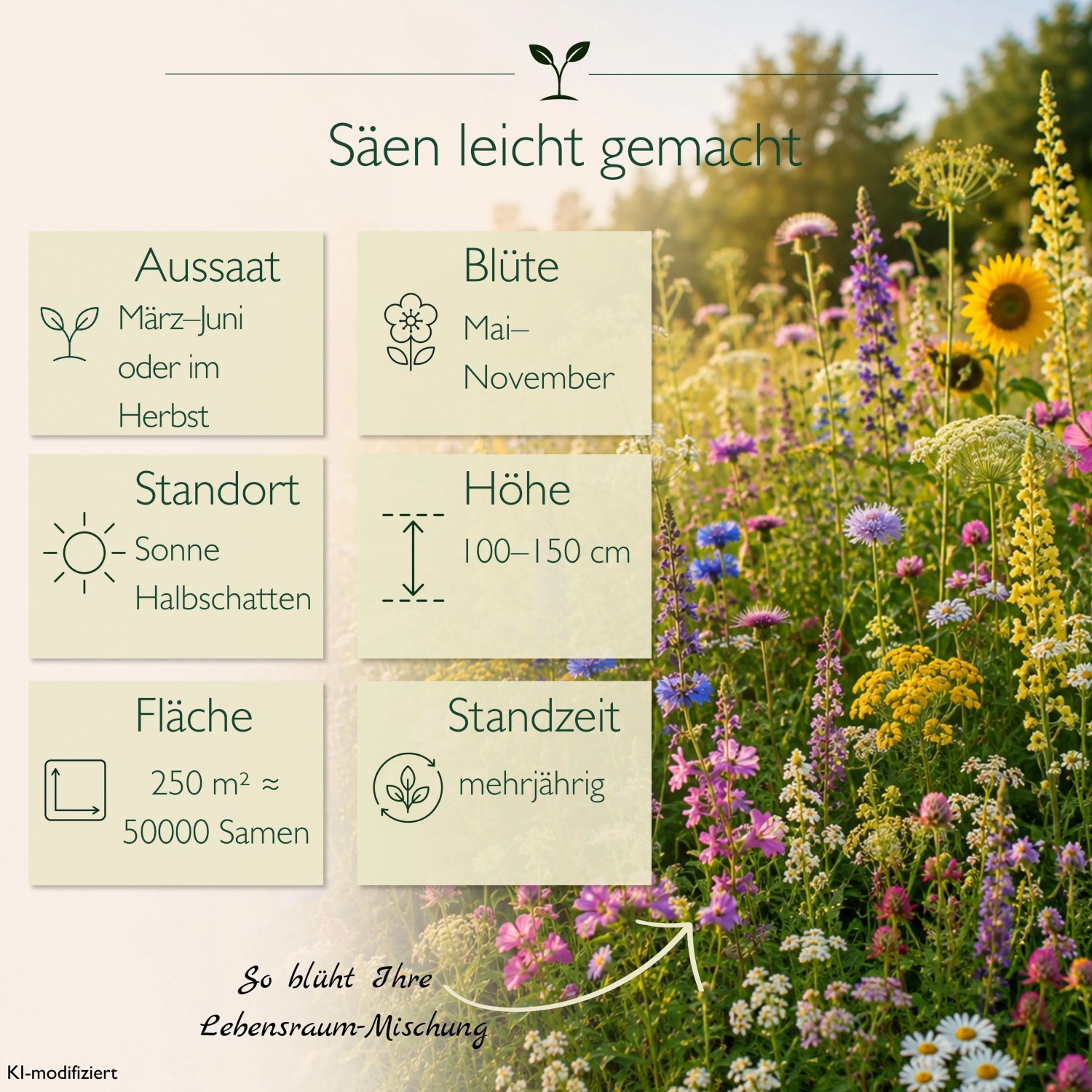 Buntes Wildblumenfeld mit Infografik: LaCaTho Lebensraum 1 Mischung, 50000 Samen, mehrjährig, für Halbschatten, 100-150 cm hoch.