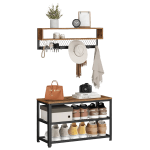 Songmics Wandgarderobe-Set Dacey mit Schuhbank Braun-Schwarz 2-teilig