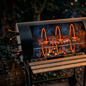 Schwarzer Holzkohlegrillwagen mit Deckel, Rippchen auf dem Rost über glühender Kohle. Optimale Hitzeverteilung für BBQ.