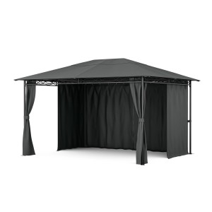 Dunkelgrauer Blumfeldt Mondo Pavillon 3x4 m mit Metallrahmen und 4 Seitenwänden.