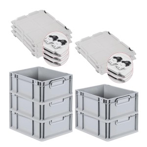 PROREGAL SuperSparSet: 5 graue Euroboxen mit Scharnierdeckel und schwarzen Schiebeschnappverschlüssen.
